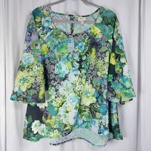ECI New York Womens Floral Flutter‎ Flowy Top Turquoise Green Black Size XL